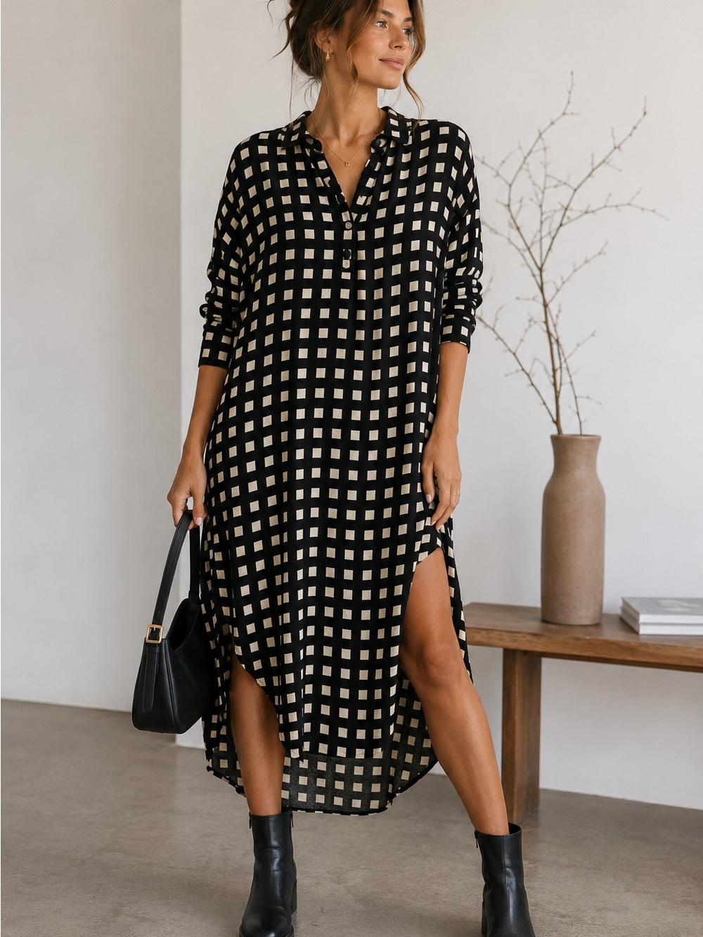 Apiece Apart Black Cream Checkered Wool Silkโ High Low Semi Sheer Shirt Dress